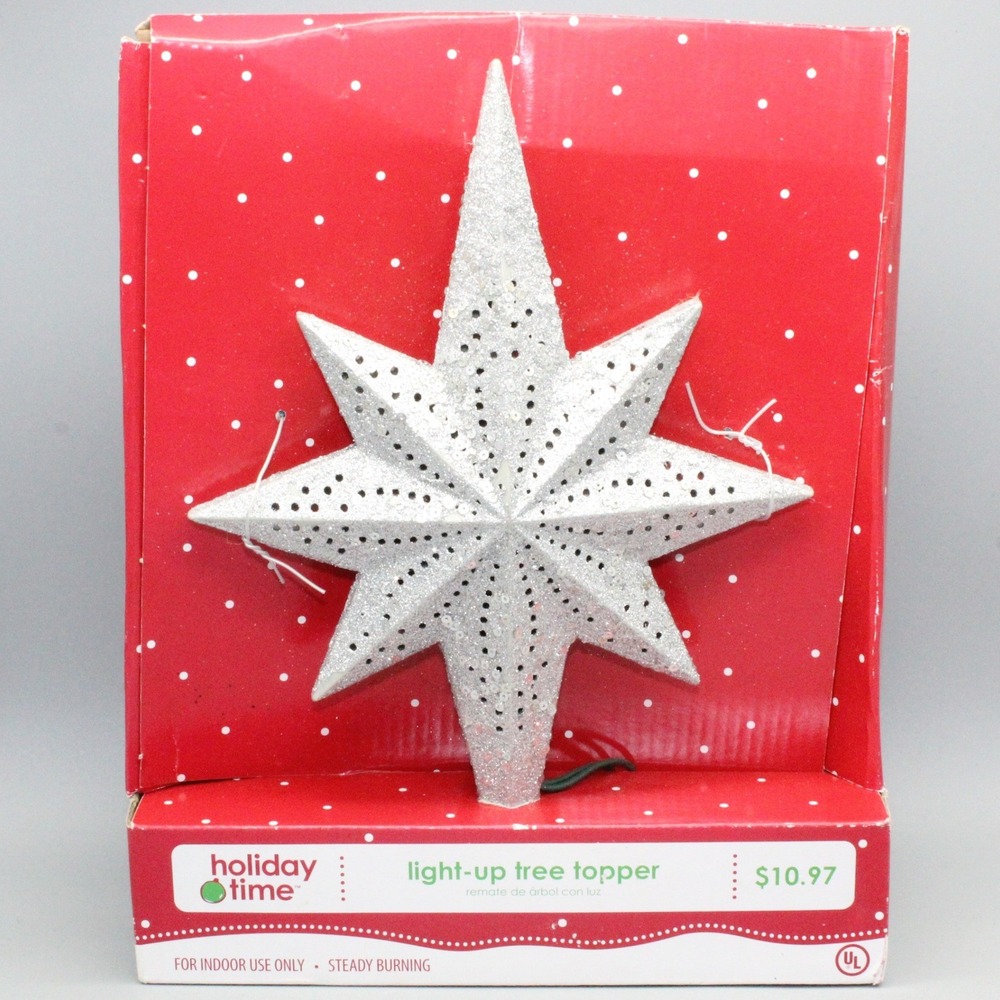 Holiday Time Silver Glitter Light Up Star Tree Topper 8.5in Christmas Glam Decor